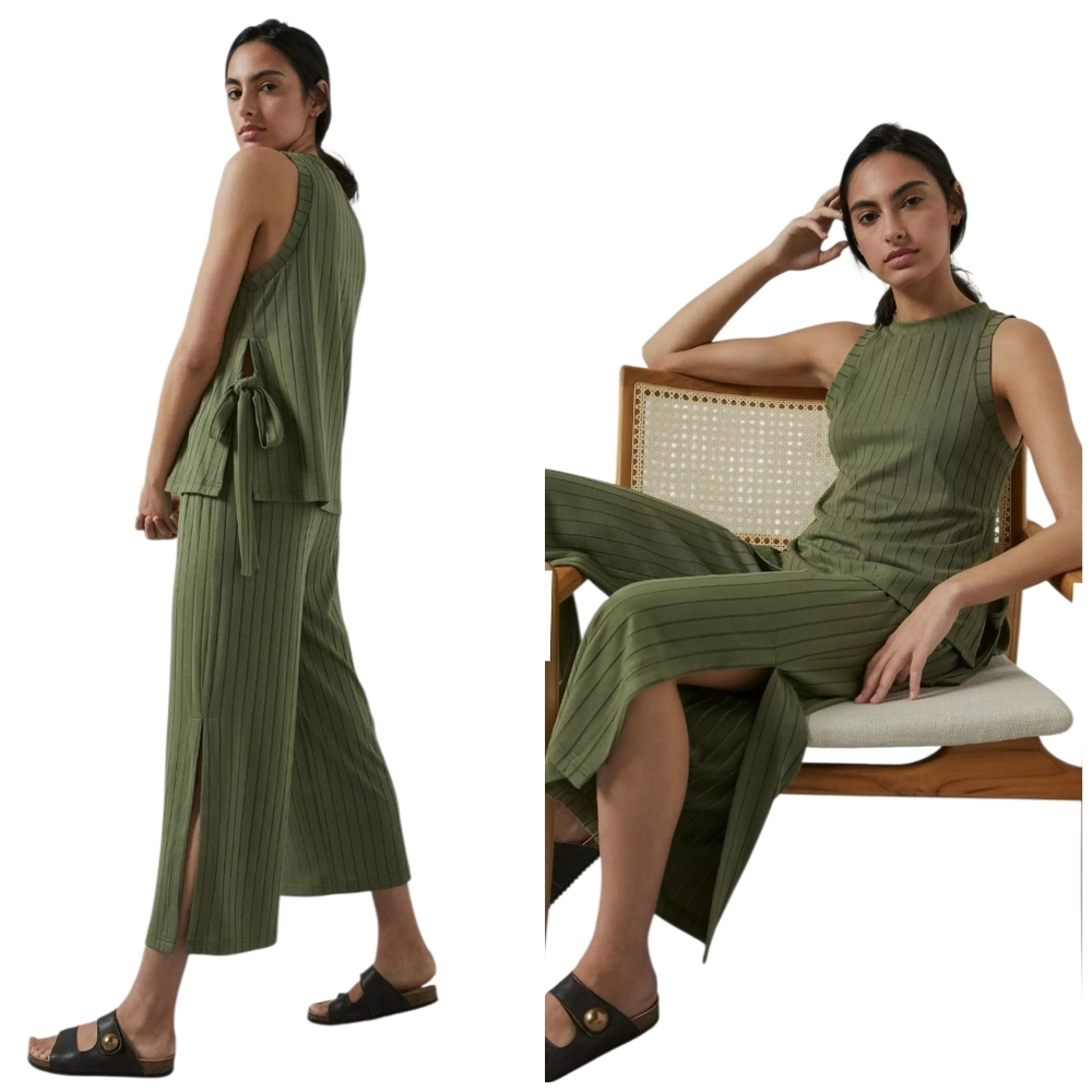 Sancia Anthropologie Cassie Knit Lounge Set In Khaki Slit Pant Tie Sides Top